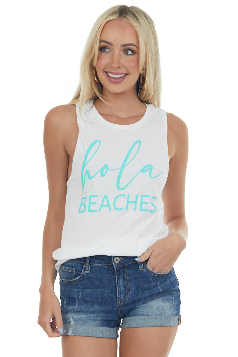 White and Aquamarine 'Hola Beaches' Tank Top