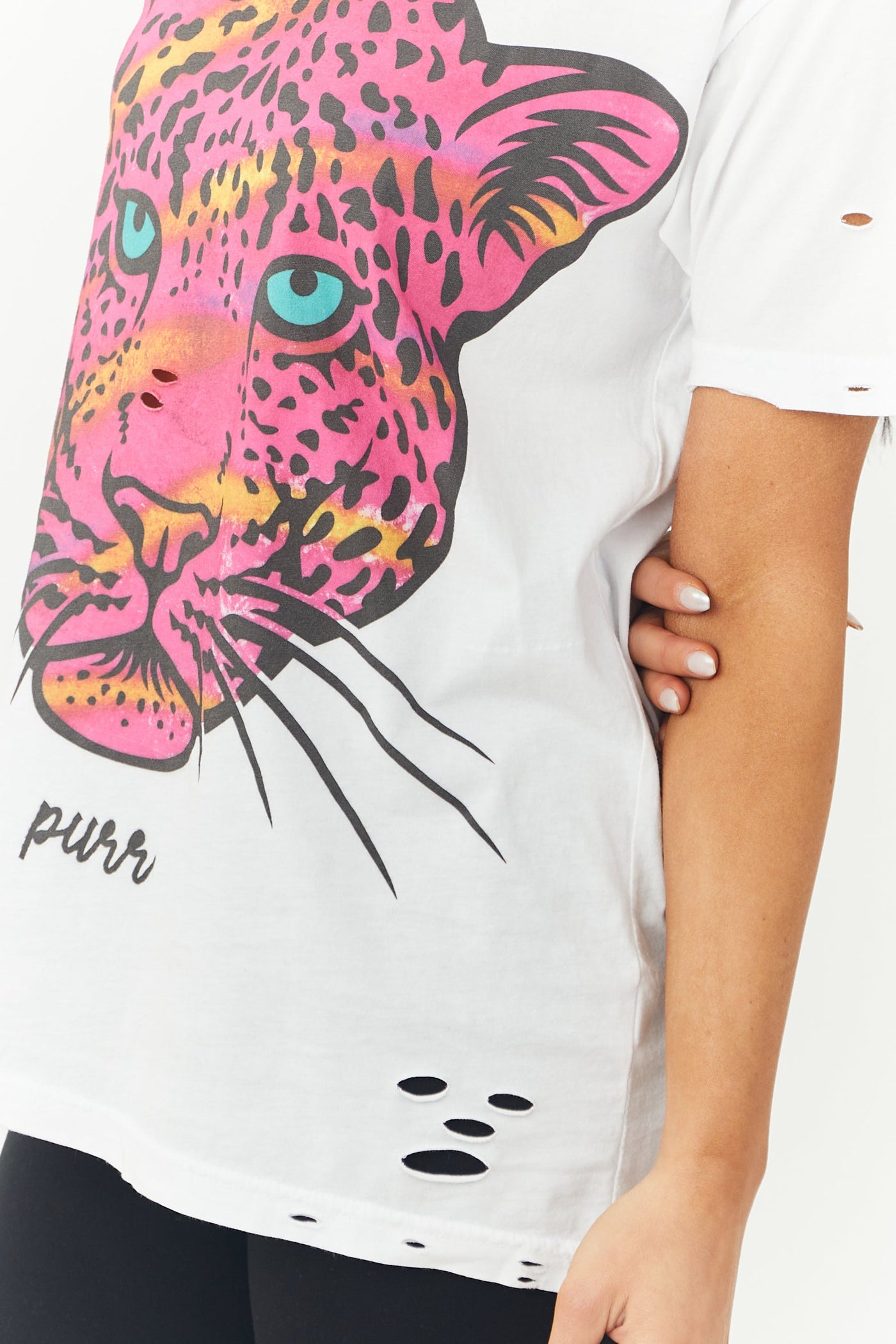 White and Magenta Leopard 'Purr' Graphic Tee