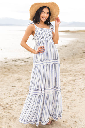White and Royal Blue Striped Tiered Maxi Dress