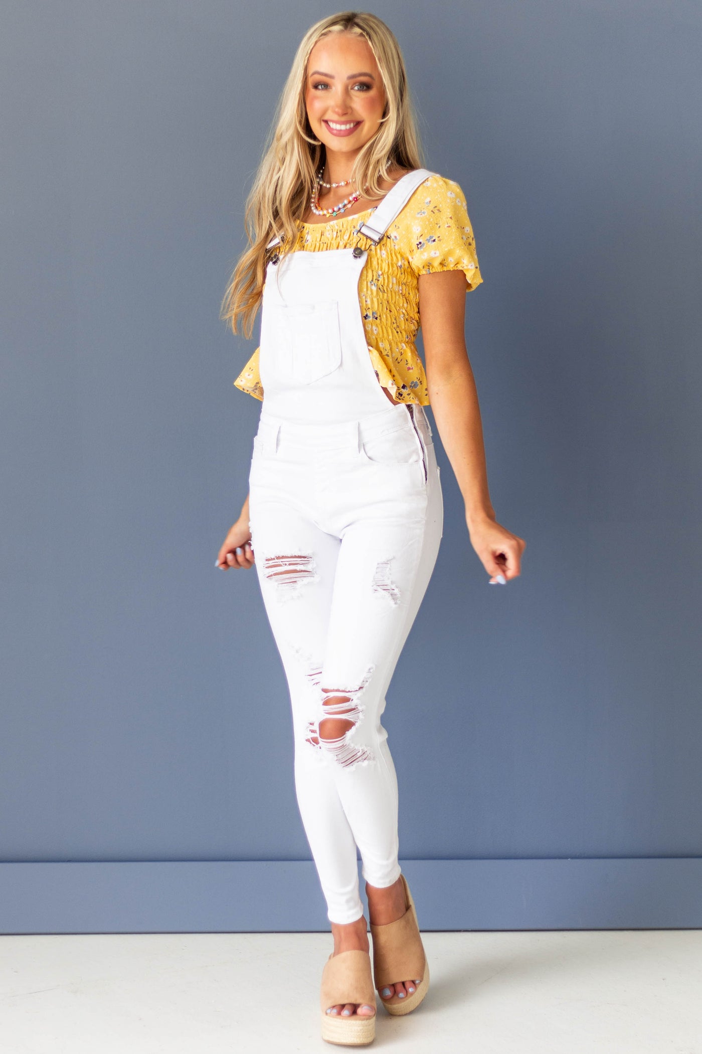 White Distressed Skinny Denim Overalls