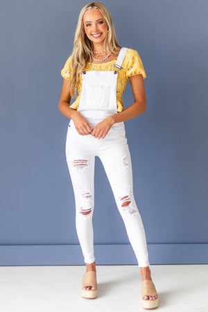 White Distressed Skinny Denim Overalls