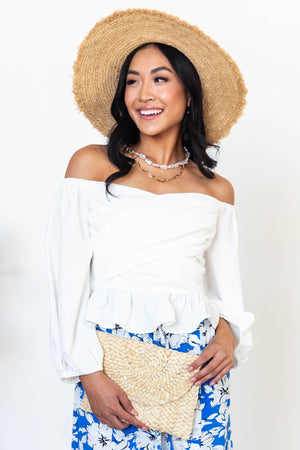 White Draped Criss Cross Cropped Peplum Blouse