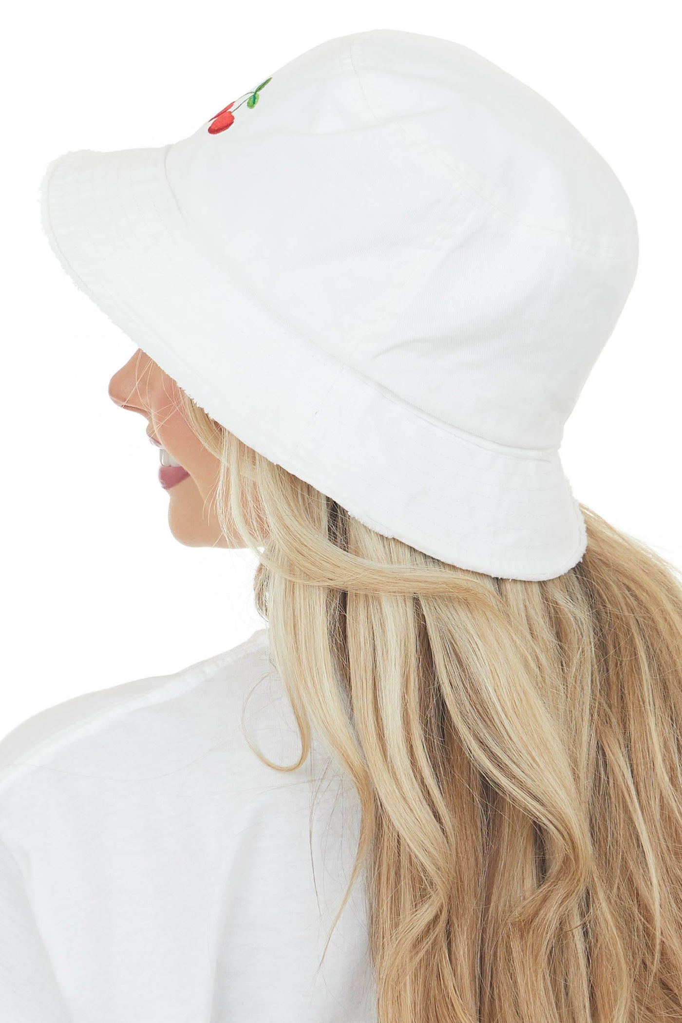 White Embroidered Cherry Frayed Bucket Hat