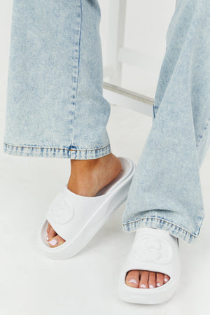 White Platform Logo Slide Sandals