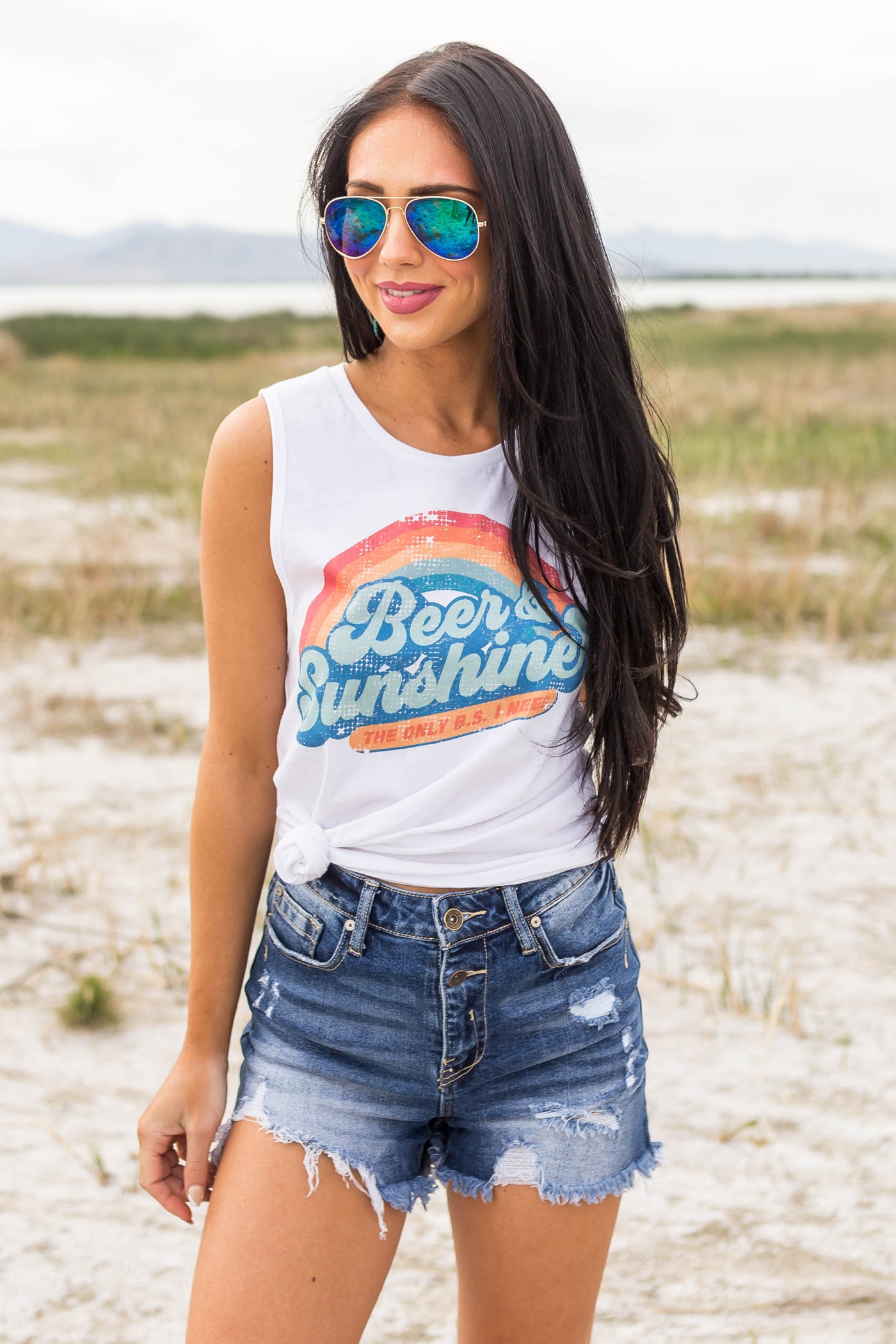 White Retro Rainbow 'Beer & Sunshine' Tank Top