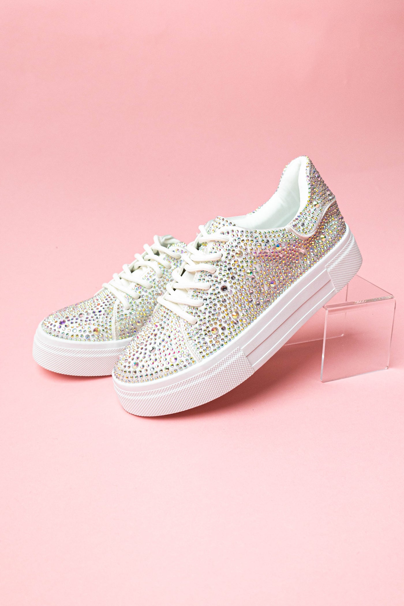 White Rhinestone Platform Lace Up Sneakers