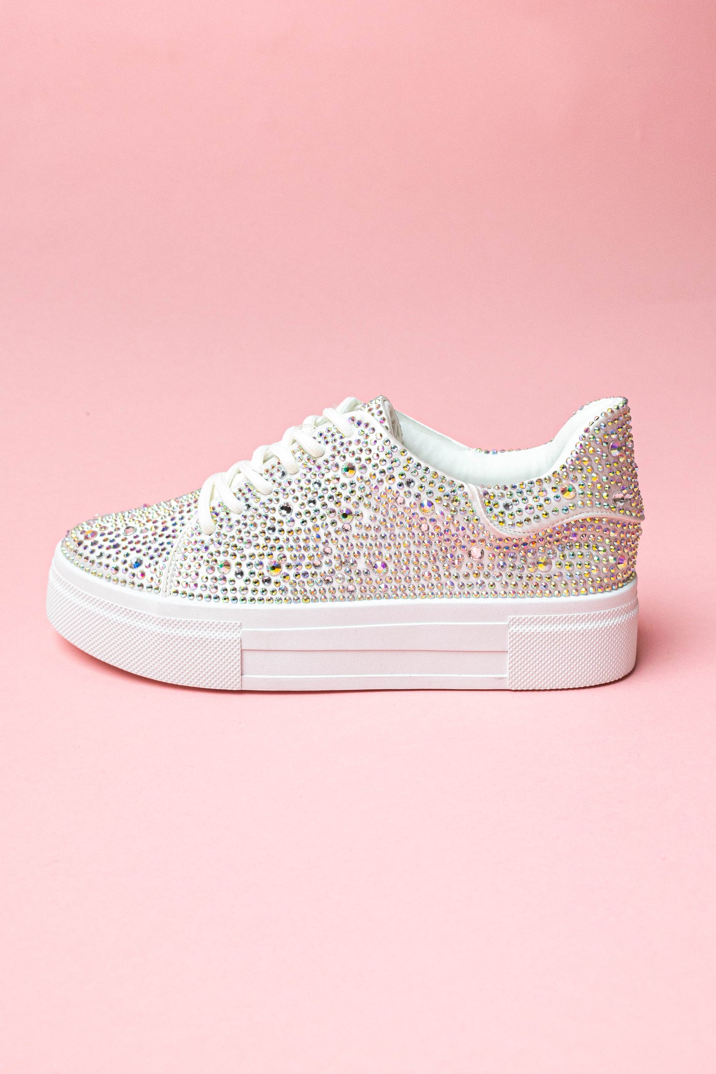White Rhinestone Platform Lace Up Sneakers