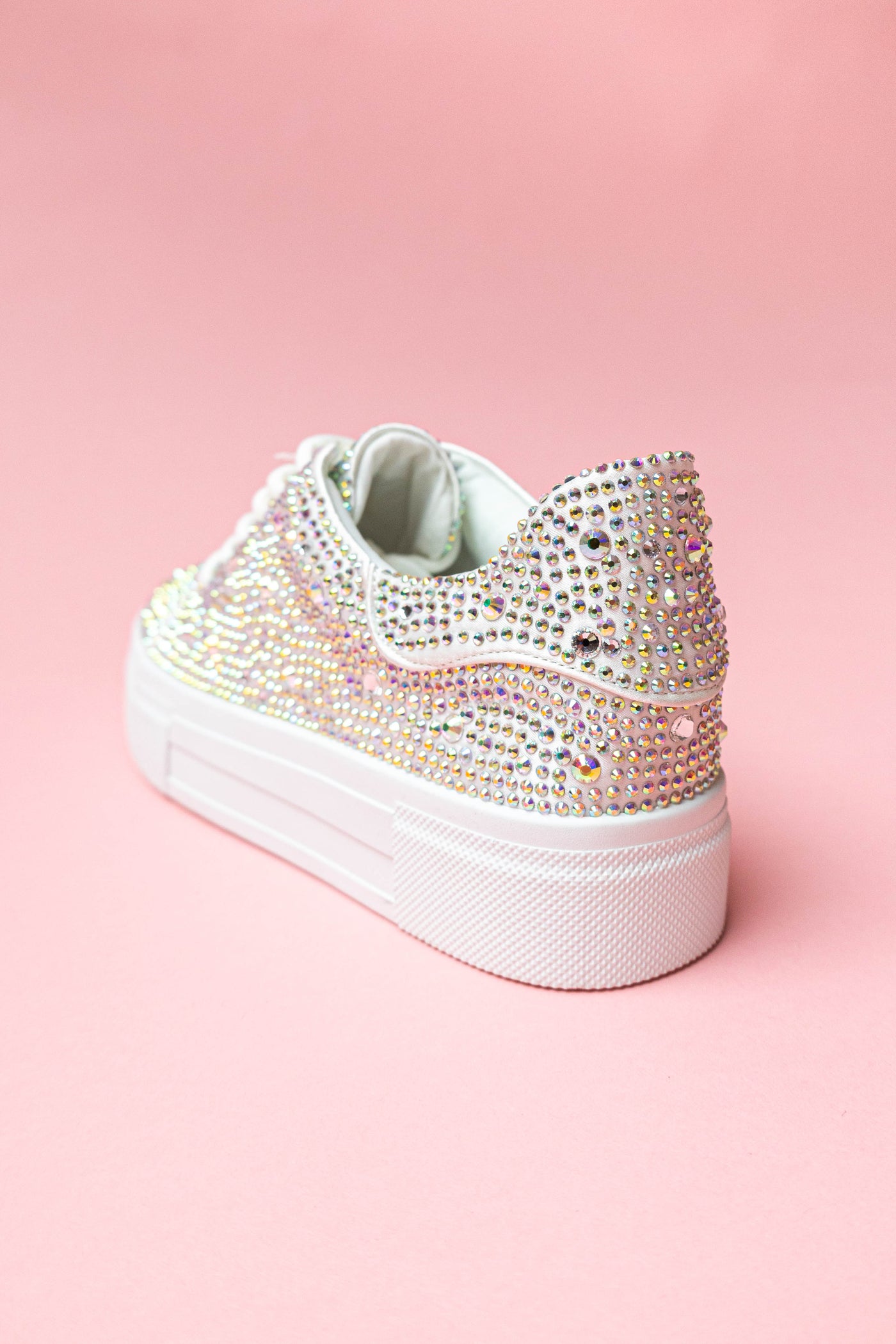 White Rhinestone Platform Lace Up Sneakers