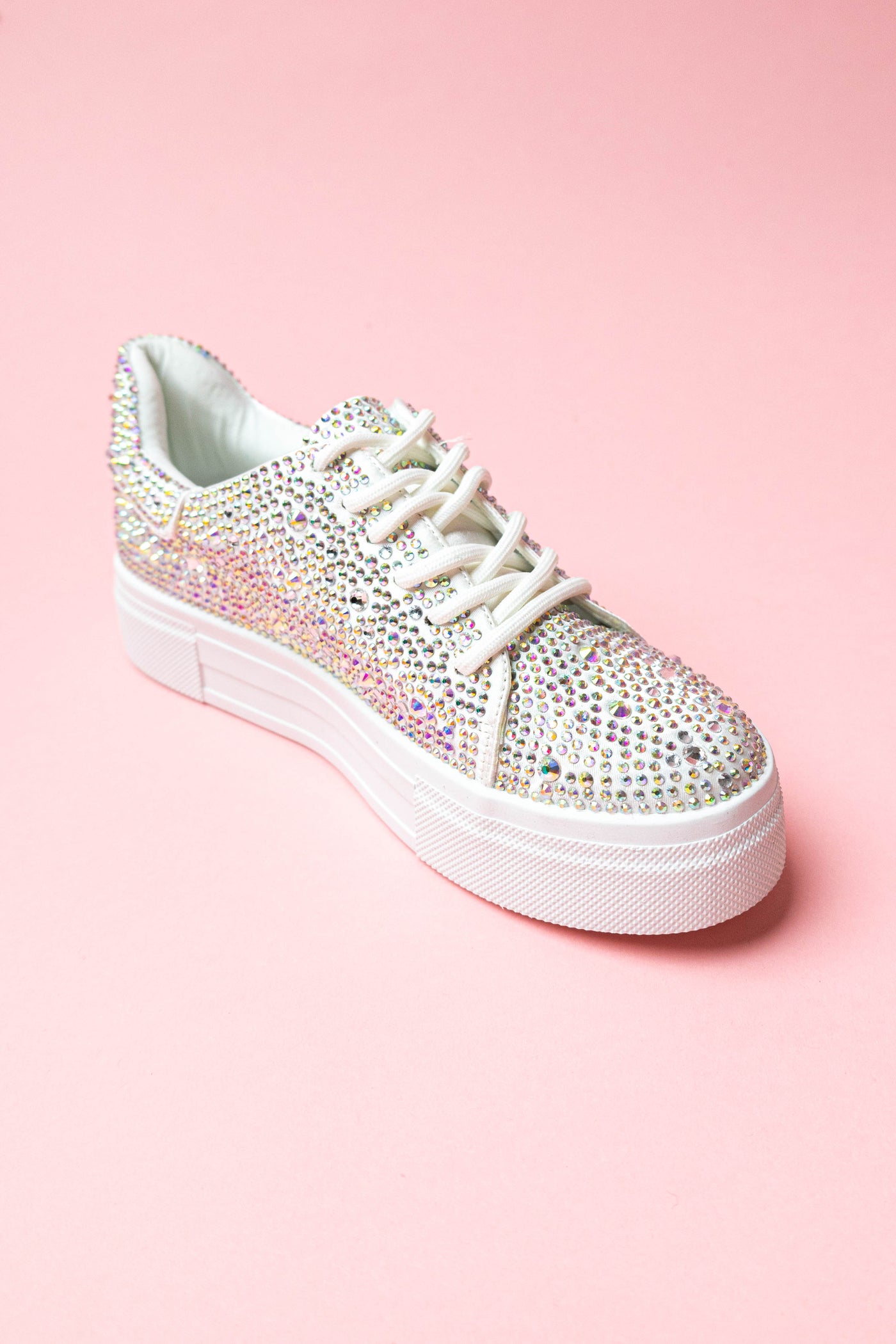 White Rhinestone Platform Lace Up Sneakers