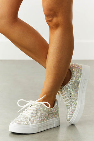 White Rhinestone Platform Lace Up Sneakers