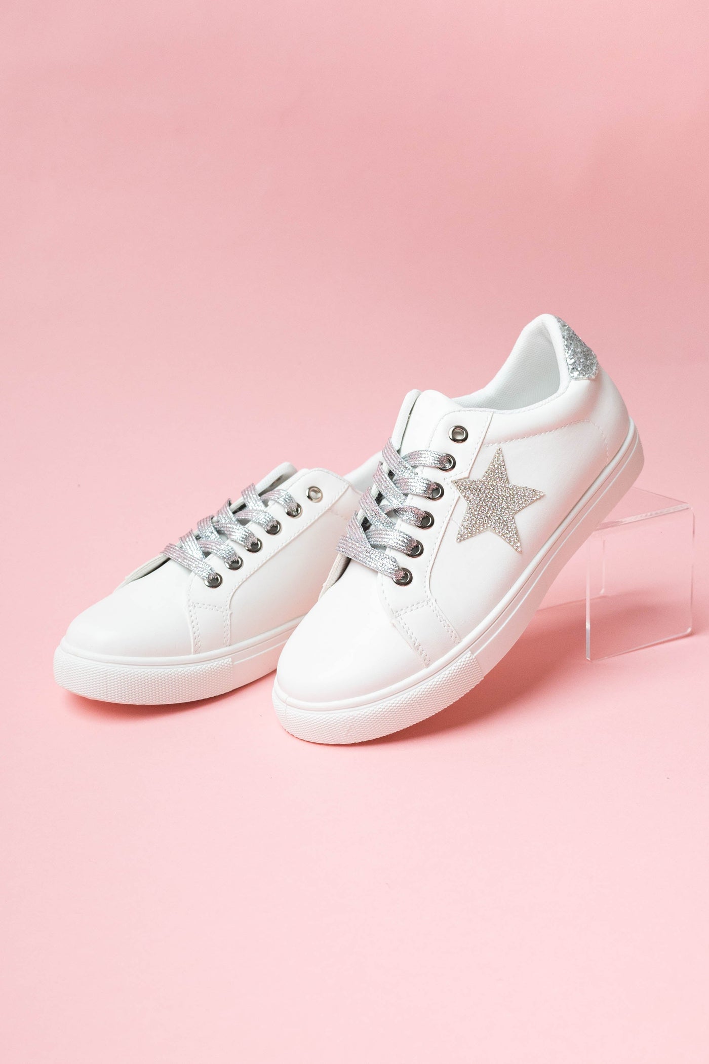 White Rhinestone Star Sneakers with Metallic Laces