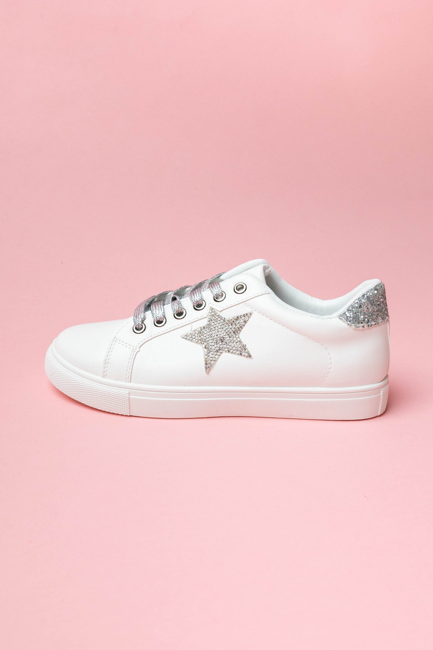 White Rhinestone Star Sneakers with Metallic Laces