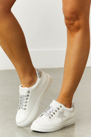 White Rhinestone Star Sneakers with Metallic Laces