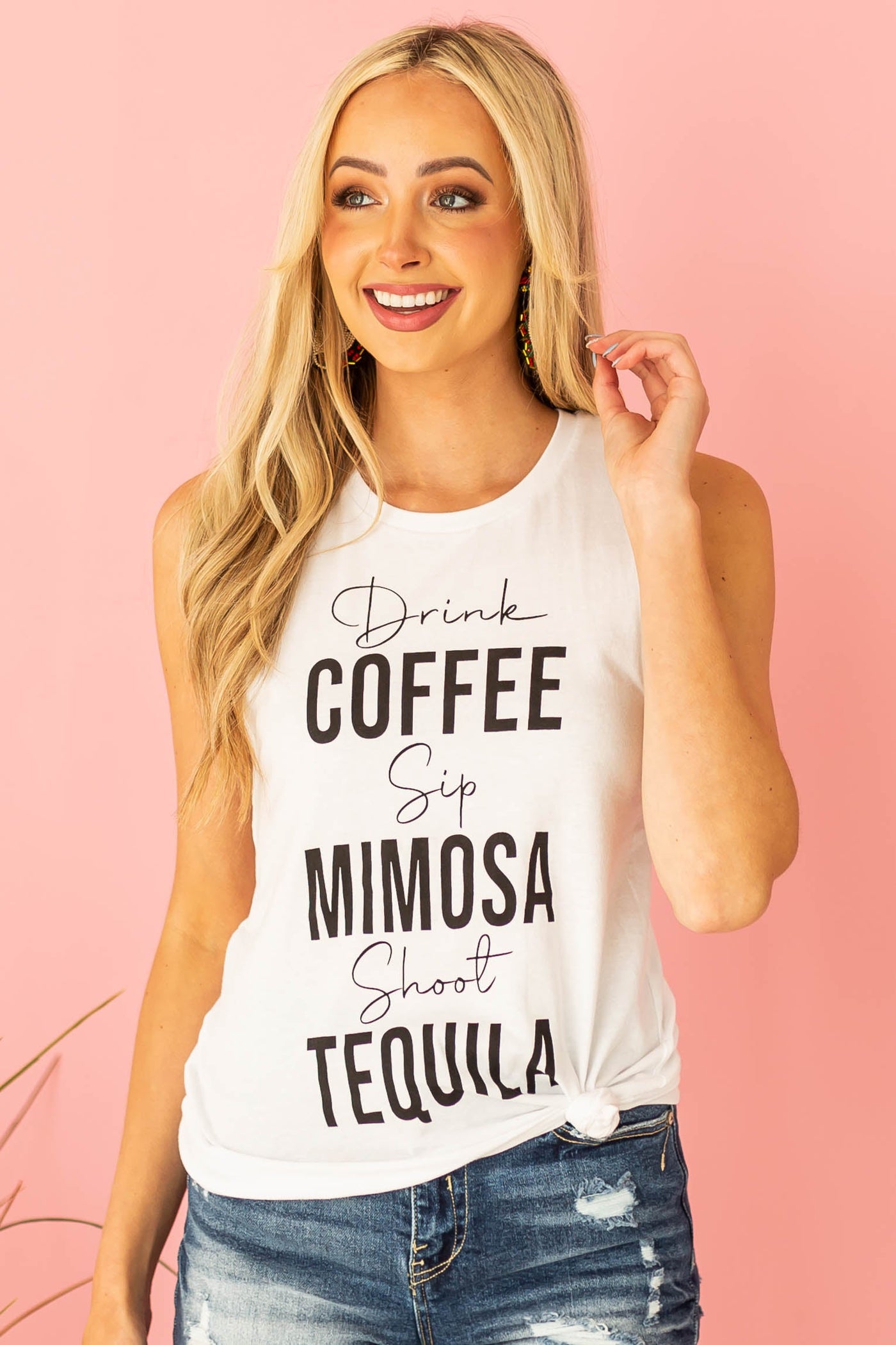 White 'Drink Sip Shoot' Knit Graphic Tank Top