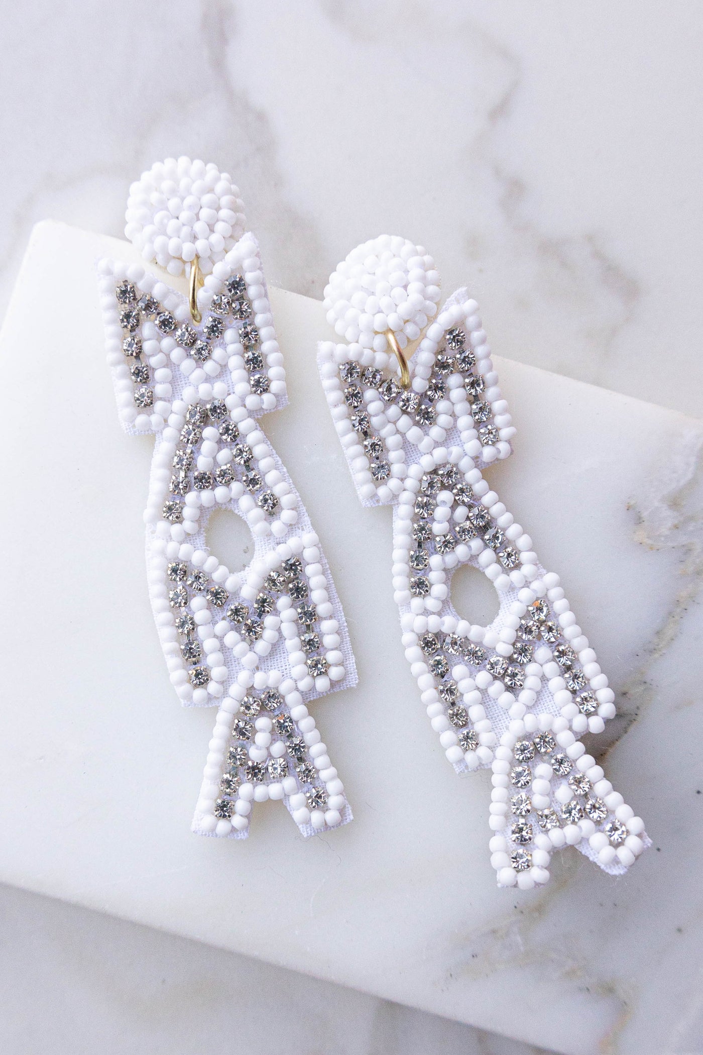 White 'Mama' Seed Bead and Rhinestone Earrings