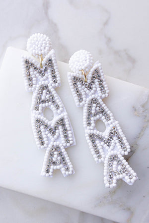 White 'Mama' Seed Bead and Rhinestone Earrings