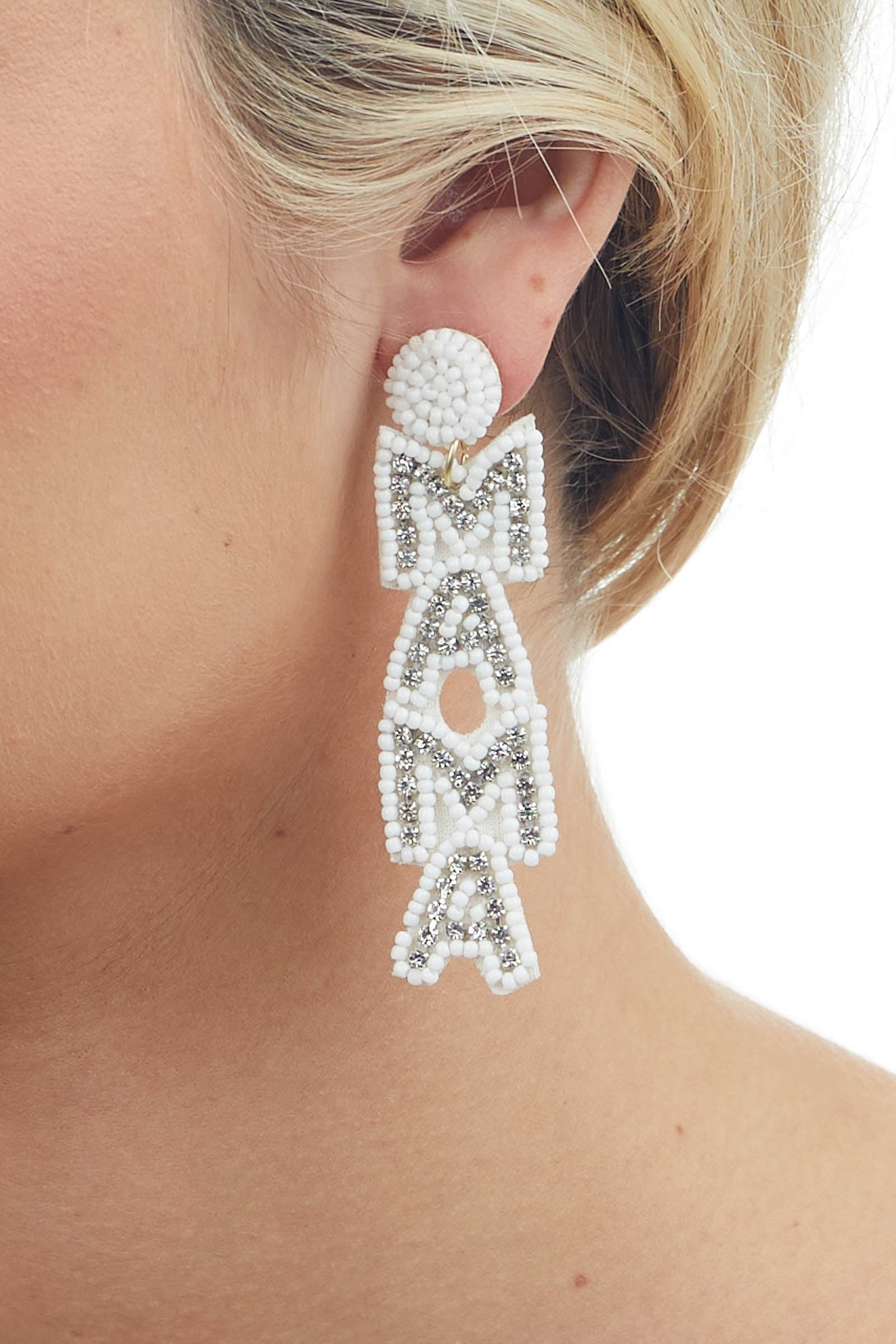 White 'Mama' Seed Bead and Rhinestone Earrings