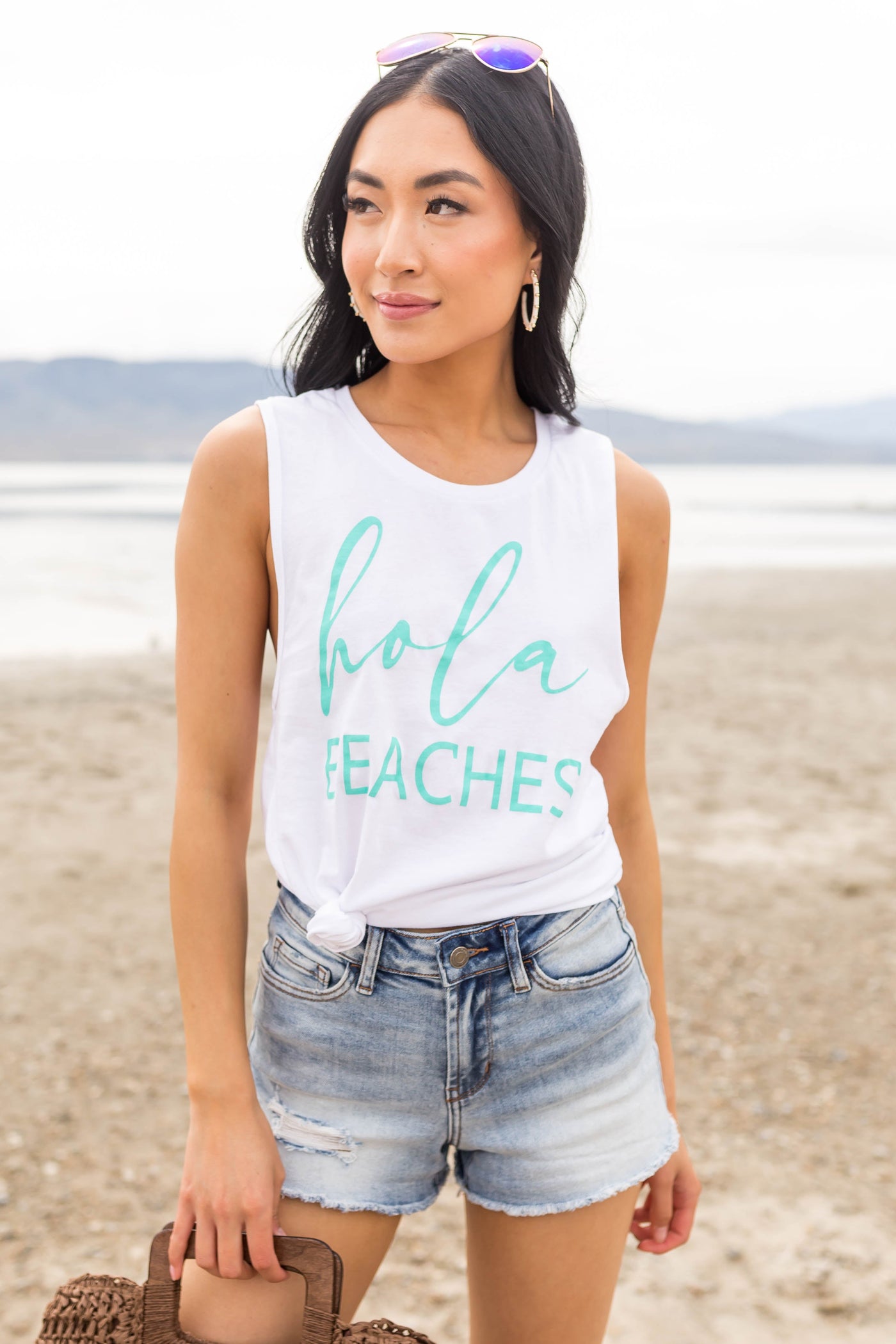 White and Aquamarine 'Hola Beaches' Tank Top