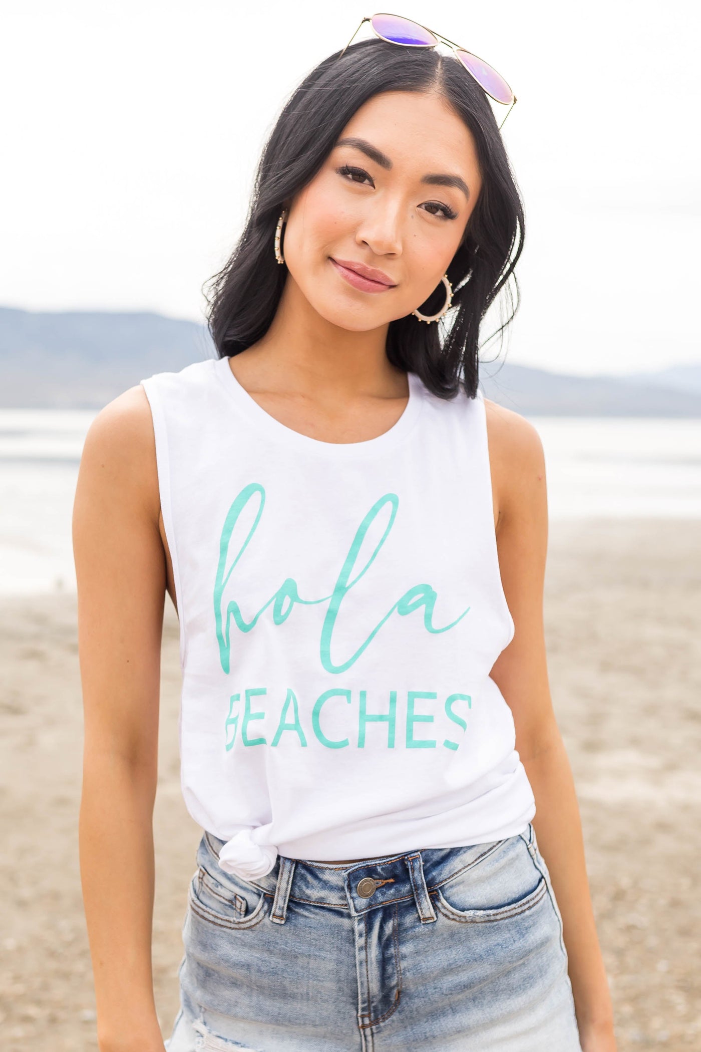 White and Aquamarine 'Hola Beaches' Tank Top
