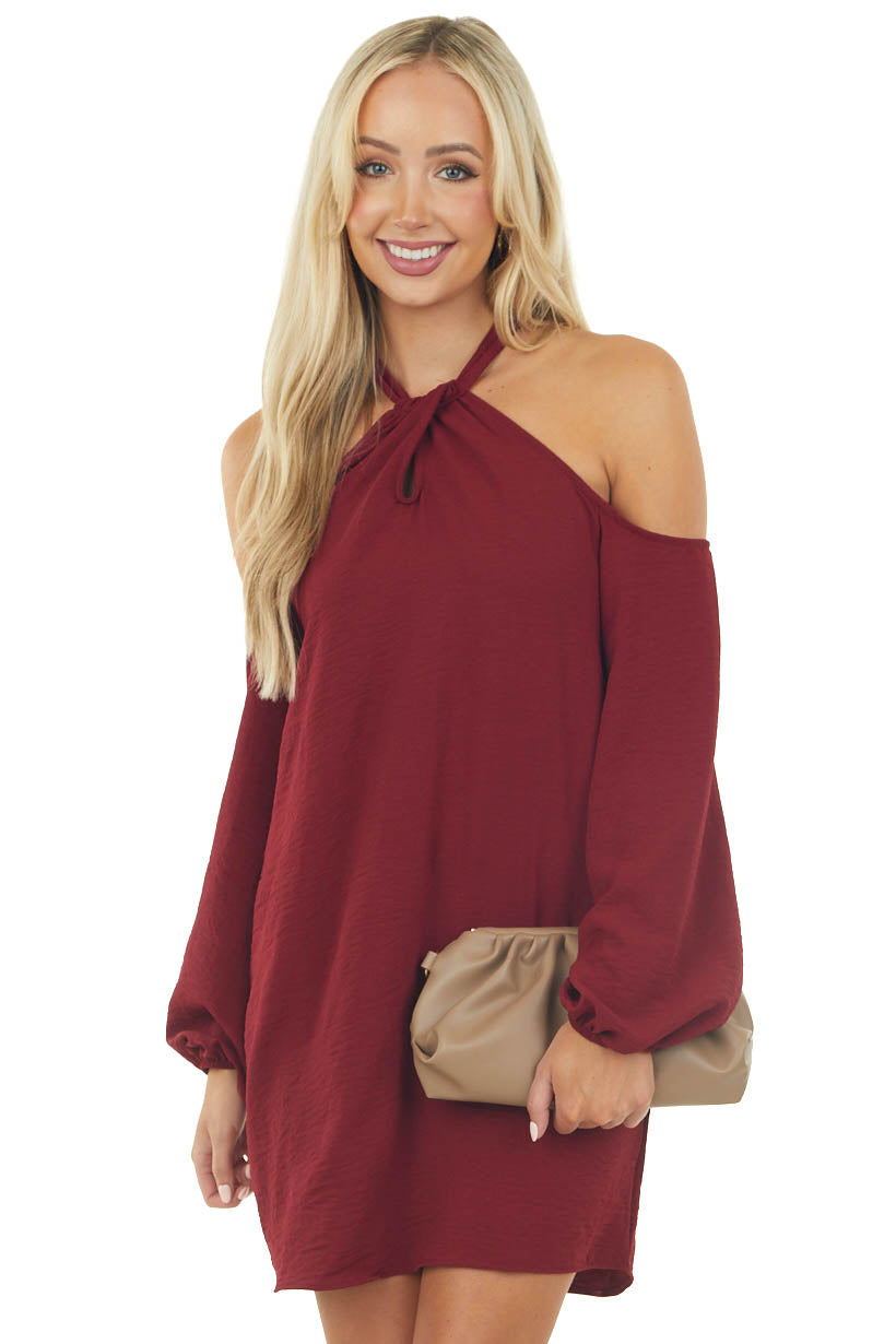 Wine Cold Shoulder Keyhole Long Sleeve Dress