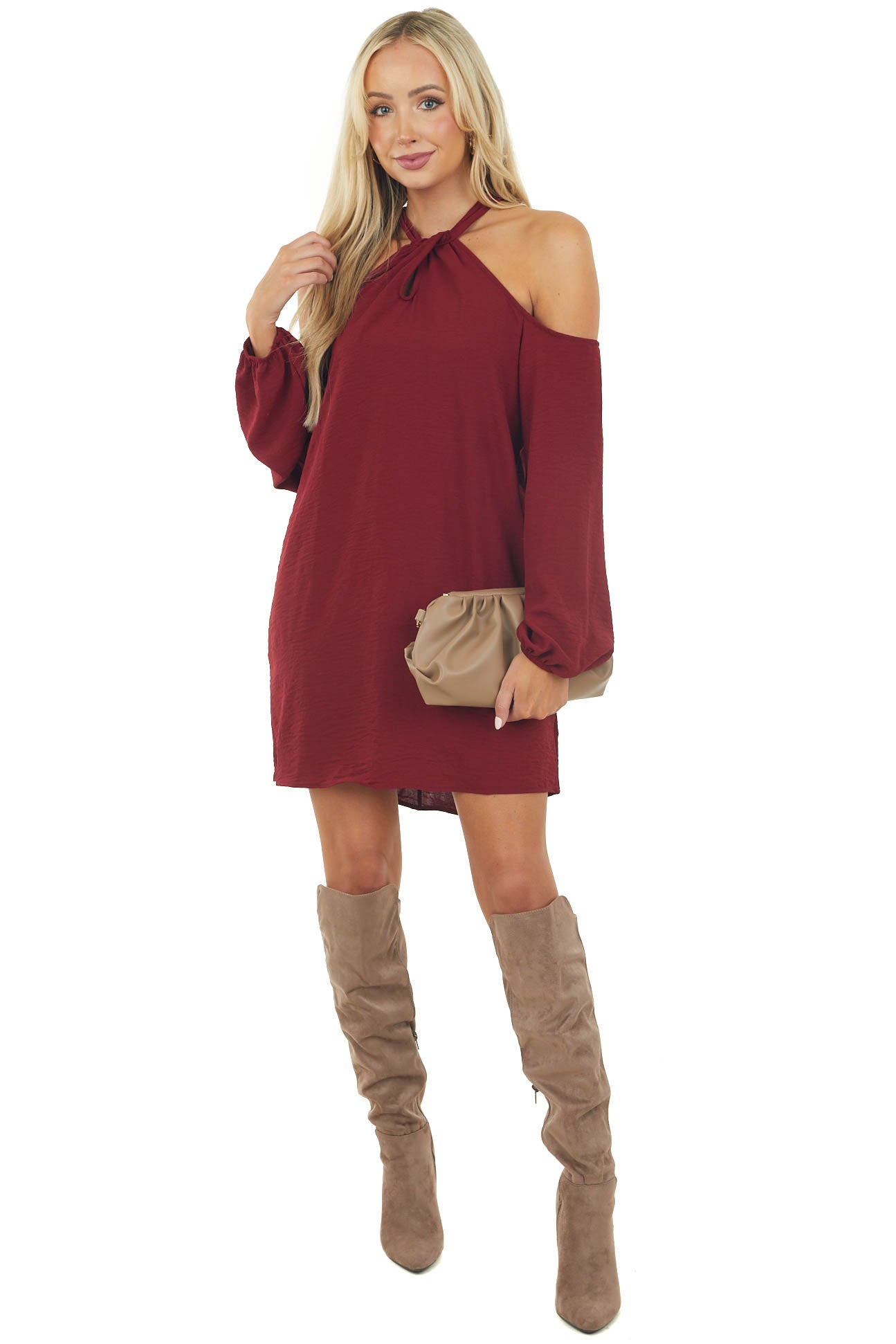 Wine Cold Shoulder Keyhole Long Sleeve Dress