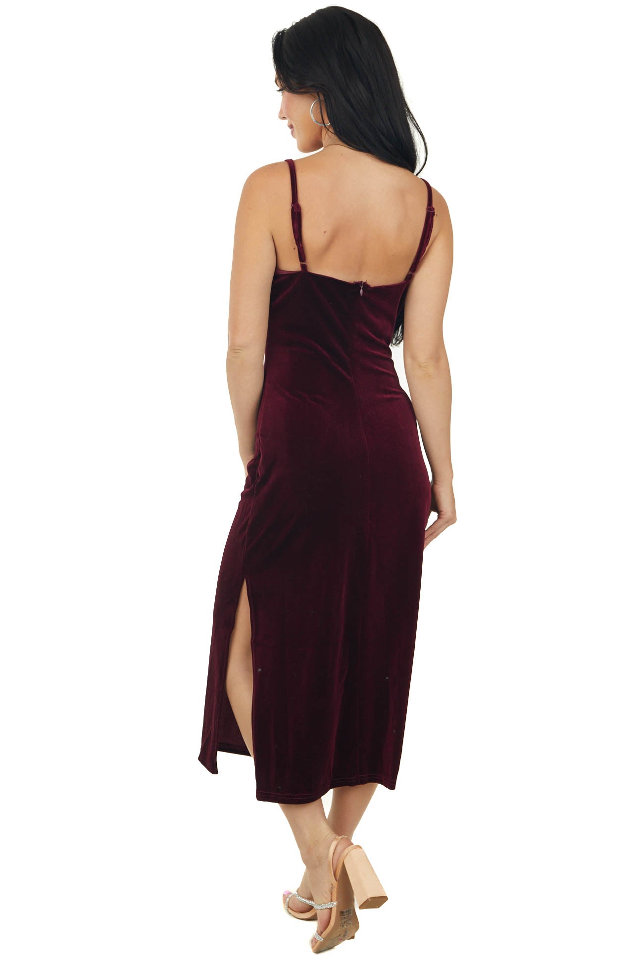 Wine Cowl Neck Sleeveless Velvet Midi Dress