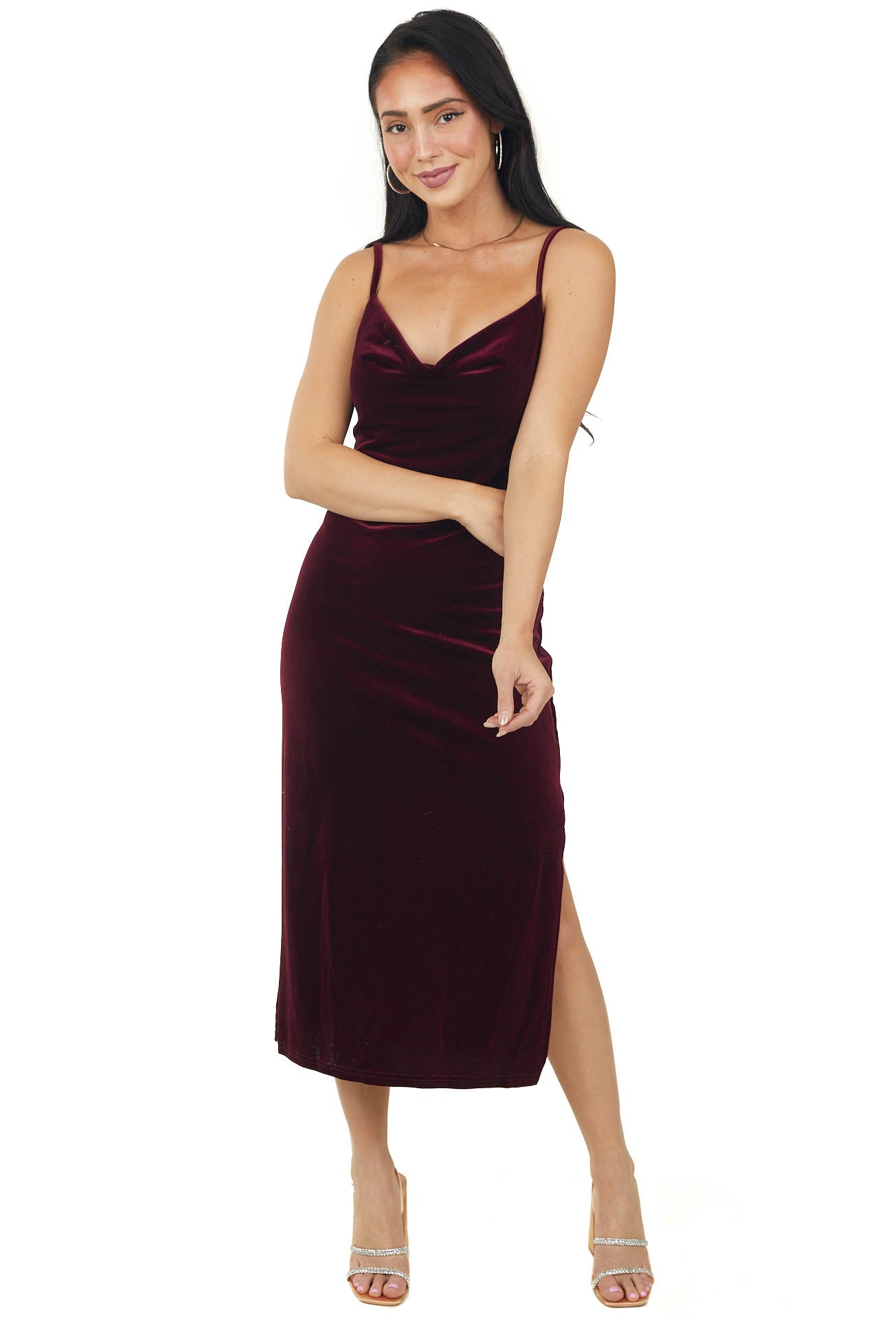 Wine Cowl Neck Sleeveless Velvet Midi Dress