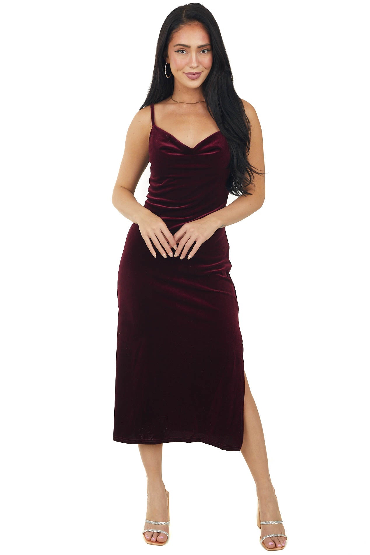 Wine Cowl Neck Sleeveless Velvet Midi Dress