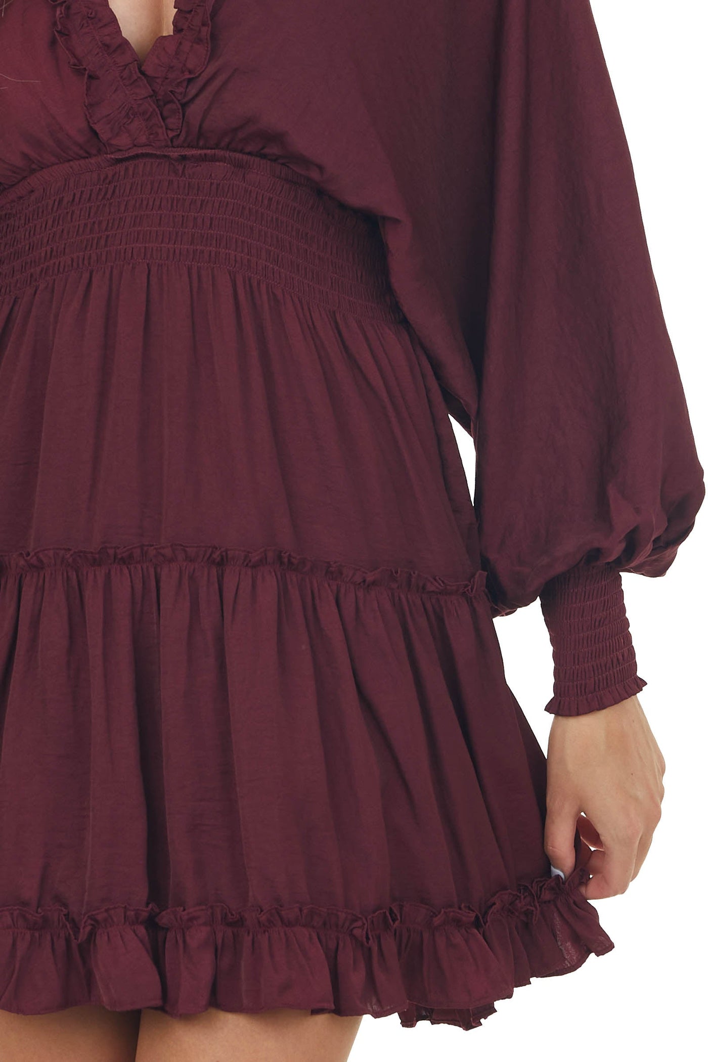 Wine Dolman Sleeve Smocked Tiered Silky Dress