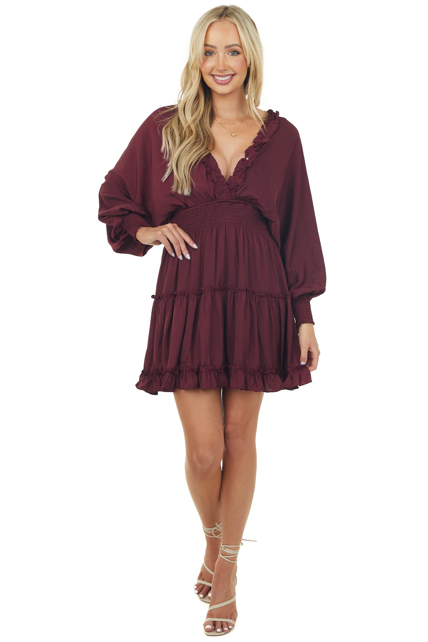 Wine Dolman Sleeve Smocked Tiered Silky Dress