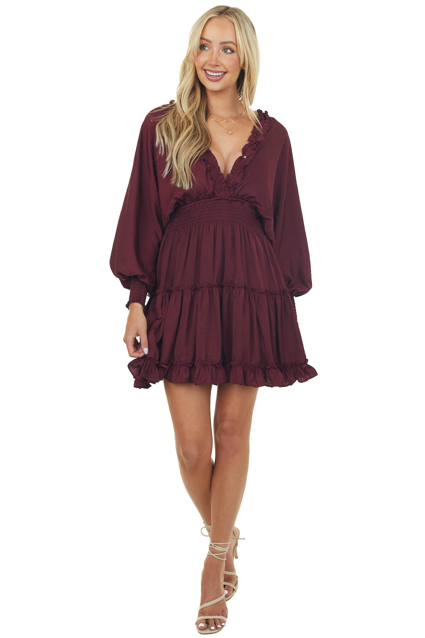 Wine Dolman Sleeve Smocked Tiered Silky Dress