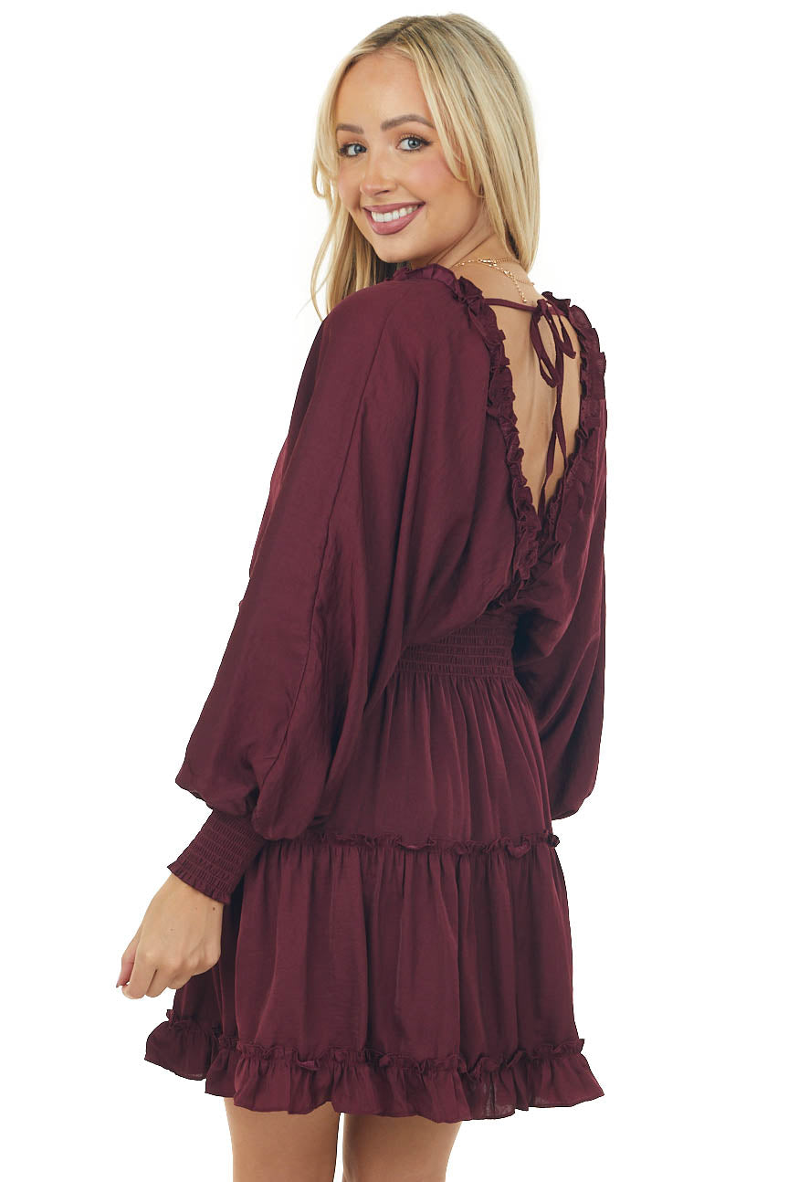 Wine Dolman Sleeve Smocked Tiered Silky Dress