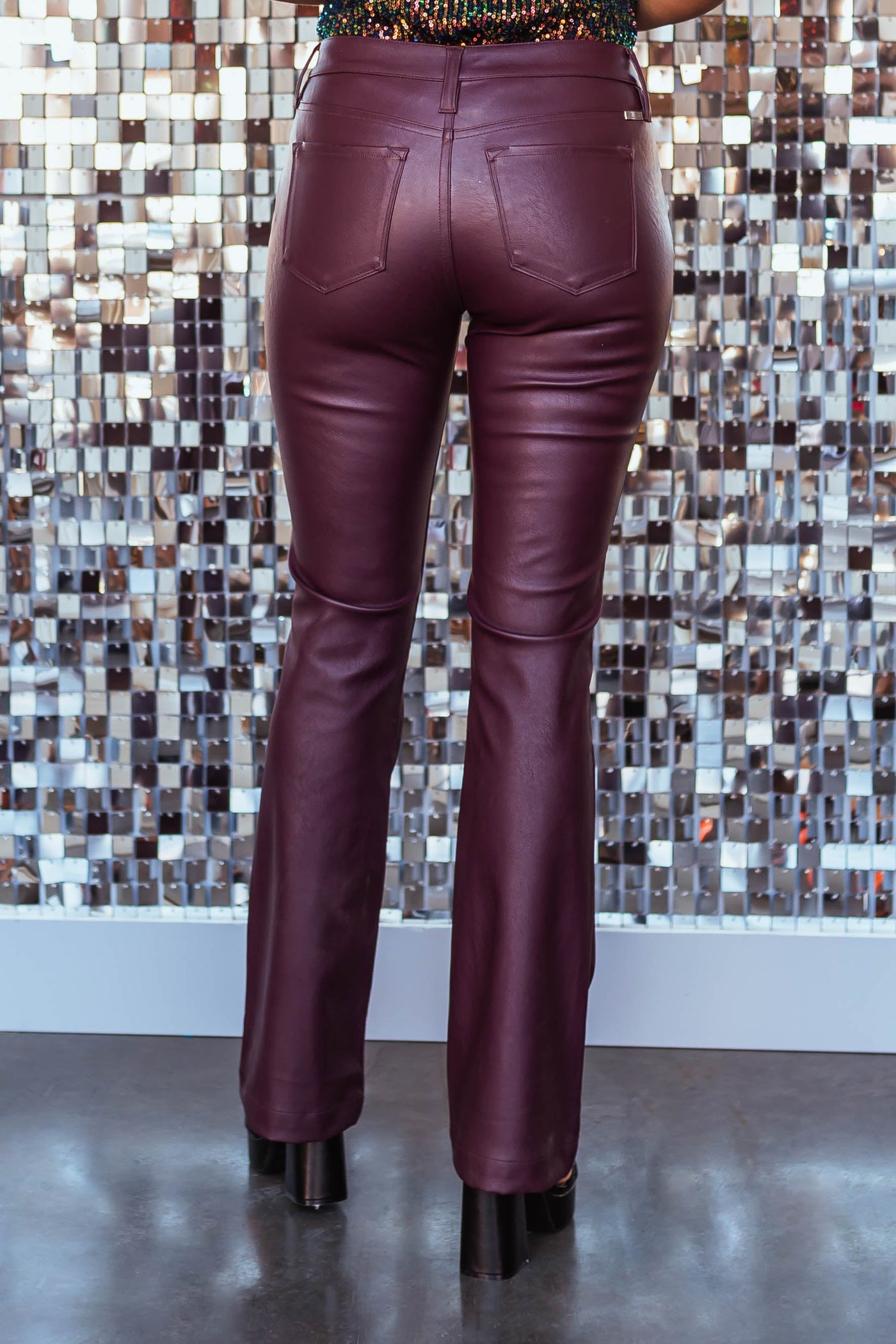 Wine Faux Leather Mid Rise Bootcut Pants