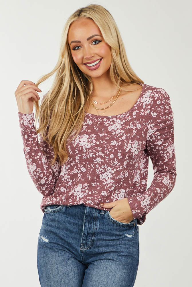 Wine Floral Ruched Shoulder Scoop Neck Top