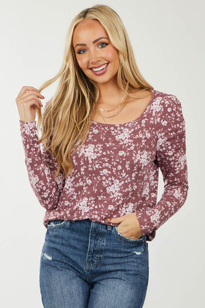 Wine Floral Ruched Shoulder Scoop Neck Top