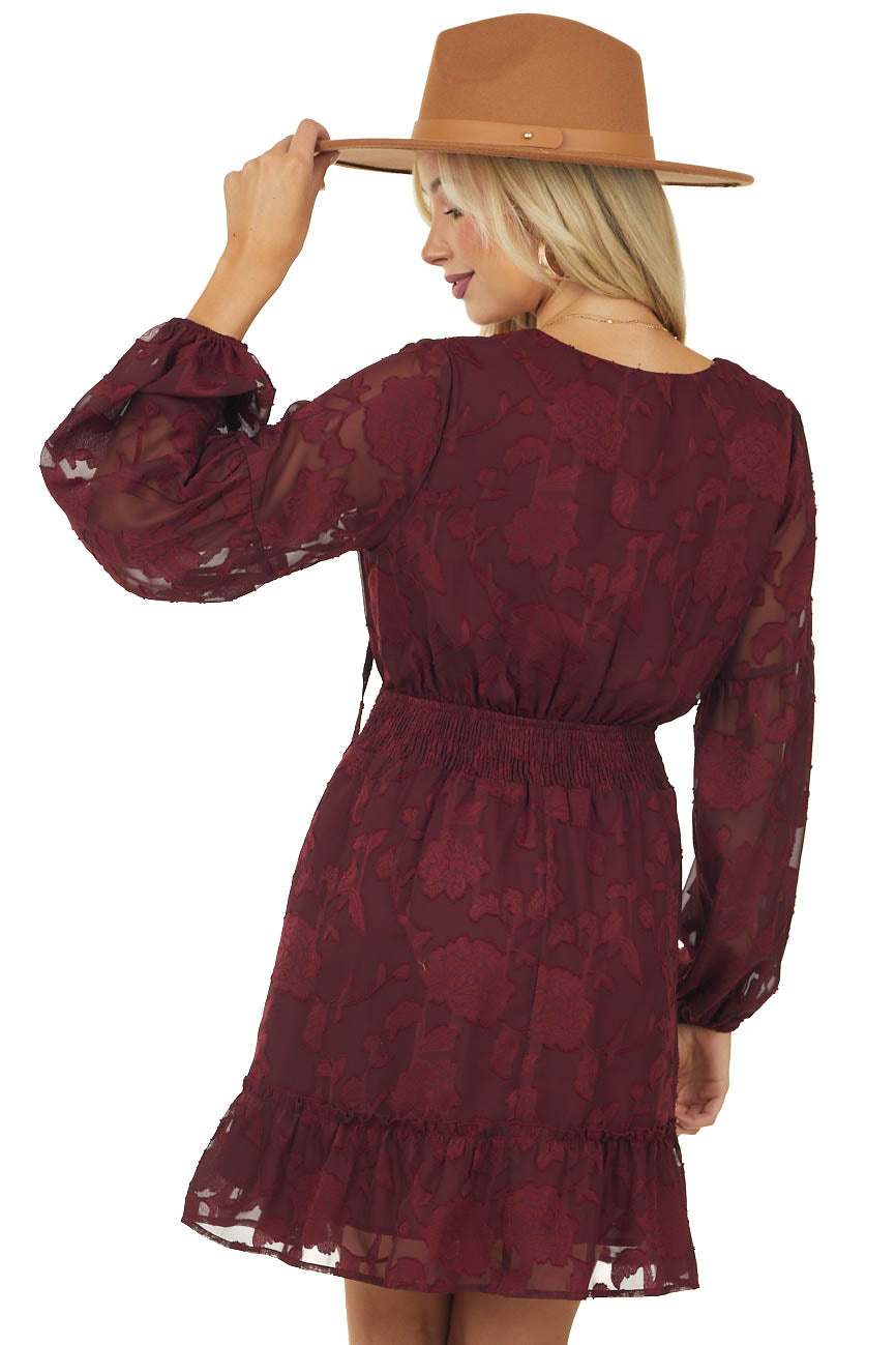 Wine Floral Smocked Waist Woven Short Dress