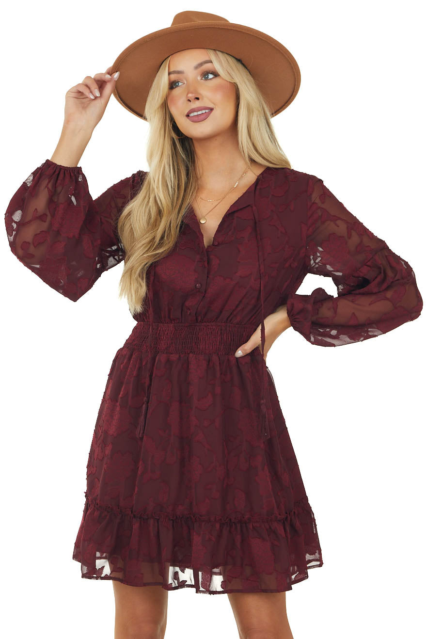 Wine Floral Smocked Waist Woven Short Dress