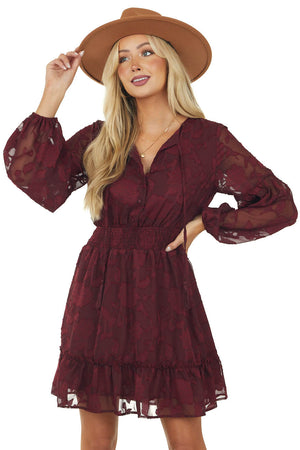 Wine Floral Smocked Waist Woven Short Dress