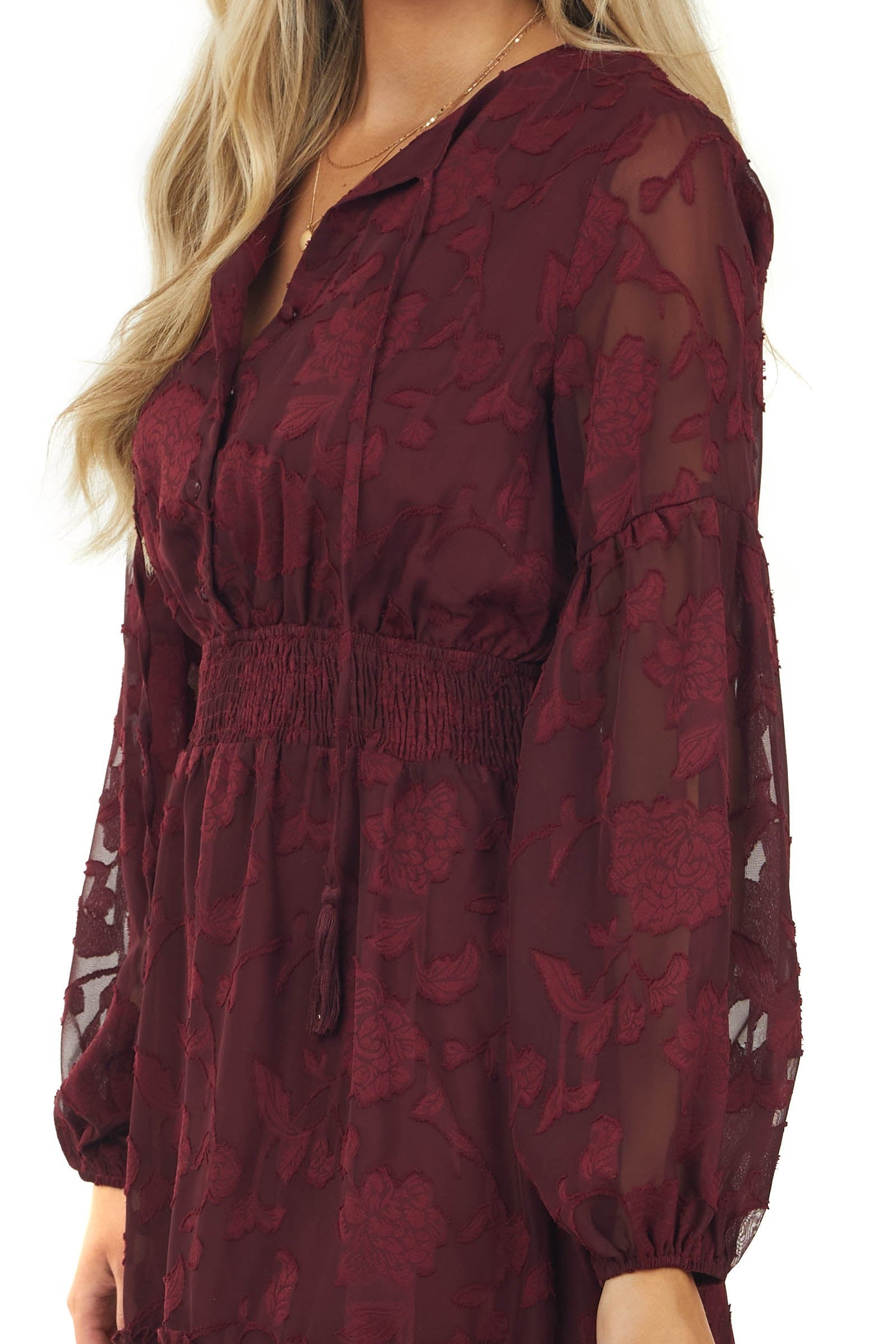 Wine Floral Smocked Waist Woven Short Dress