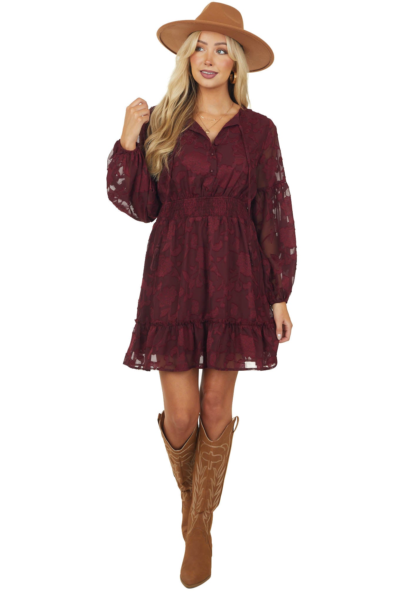 Wine Floral Smocked Waist Woven Short Dress