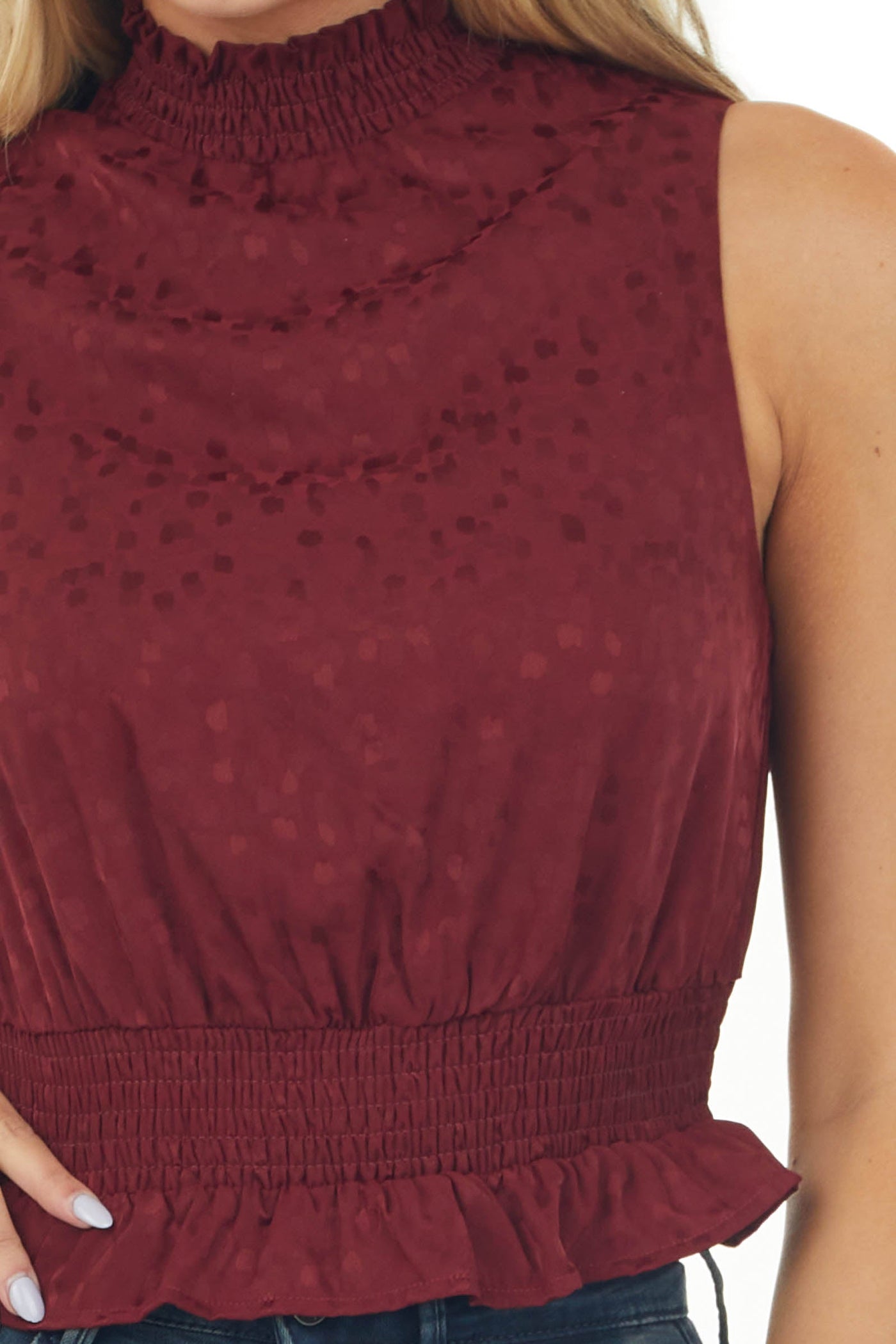 Wine Jacquard Sleeveless Mock Neck Peplum Top