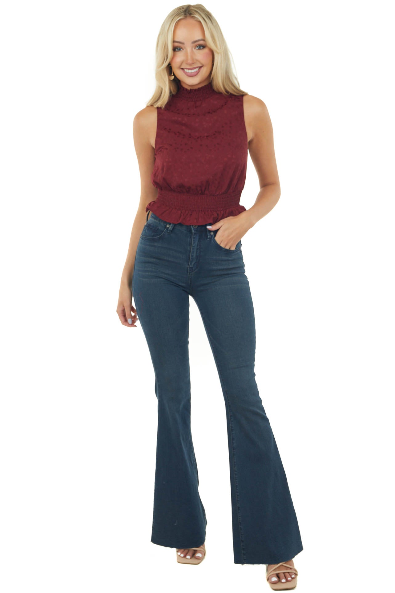 Wine Jacquard Sleeveless Mock Neck Peplum Top