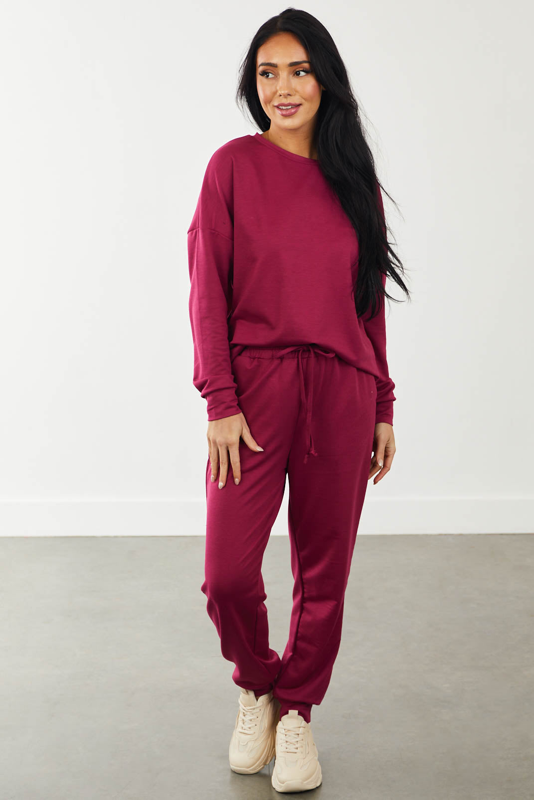 Wine Long Sleeve Pullover and Joggers Set