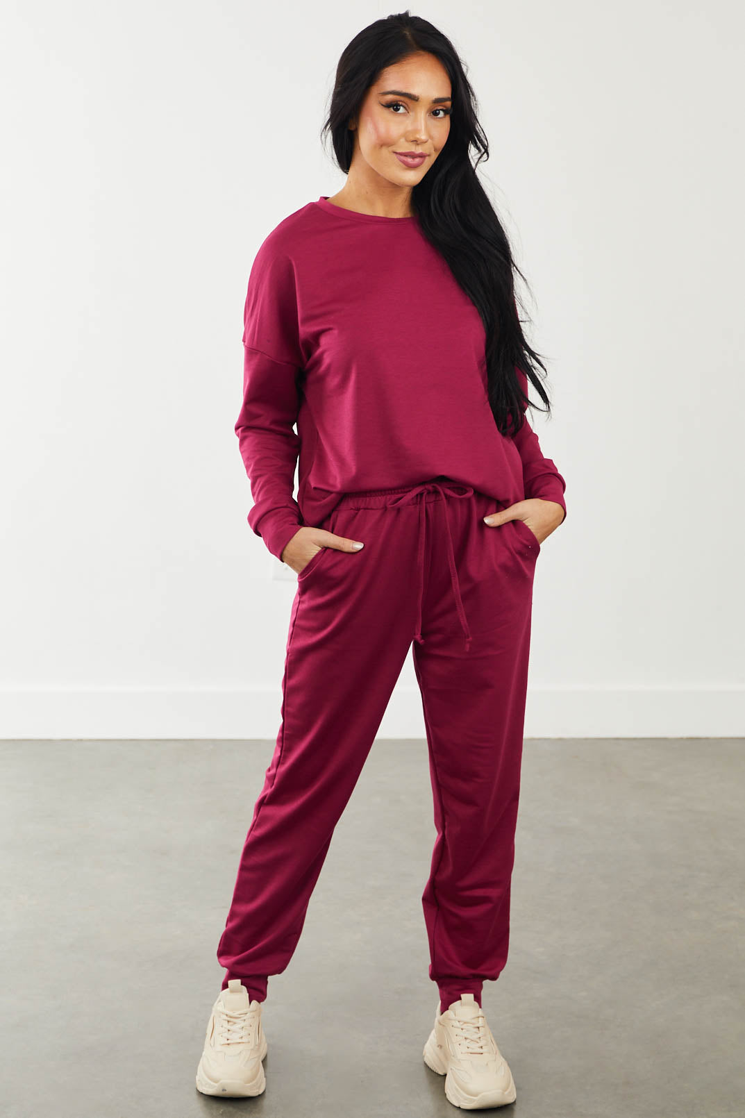 Wine Long Sleeve Pullover and Joggers Set