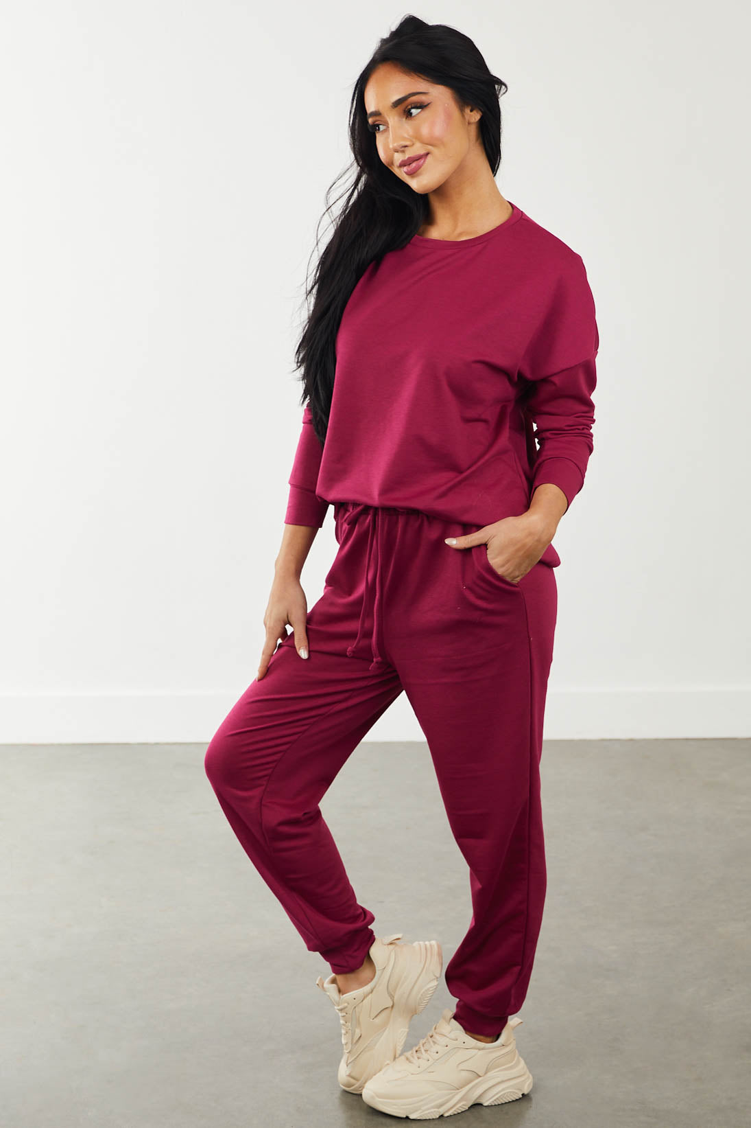 Wine Long Sleeve Pullover and Joggers Set