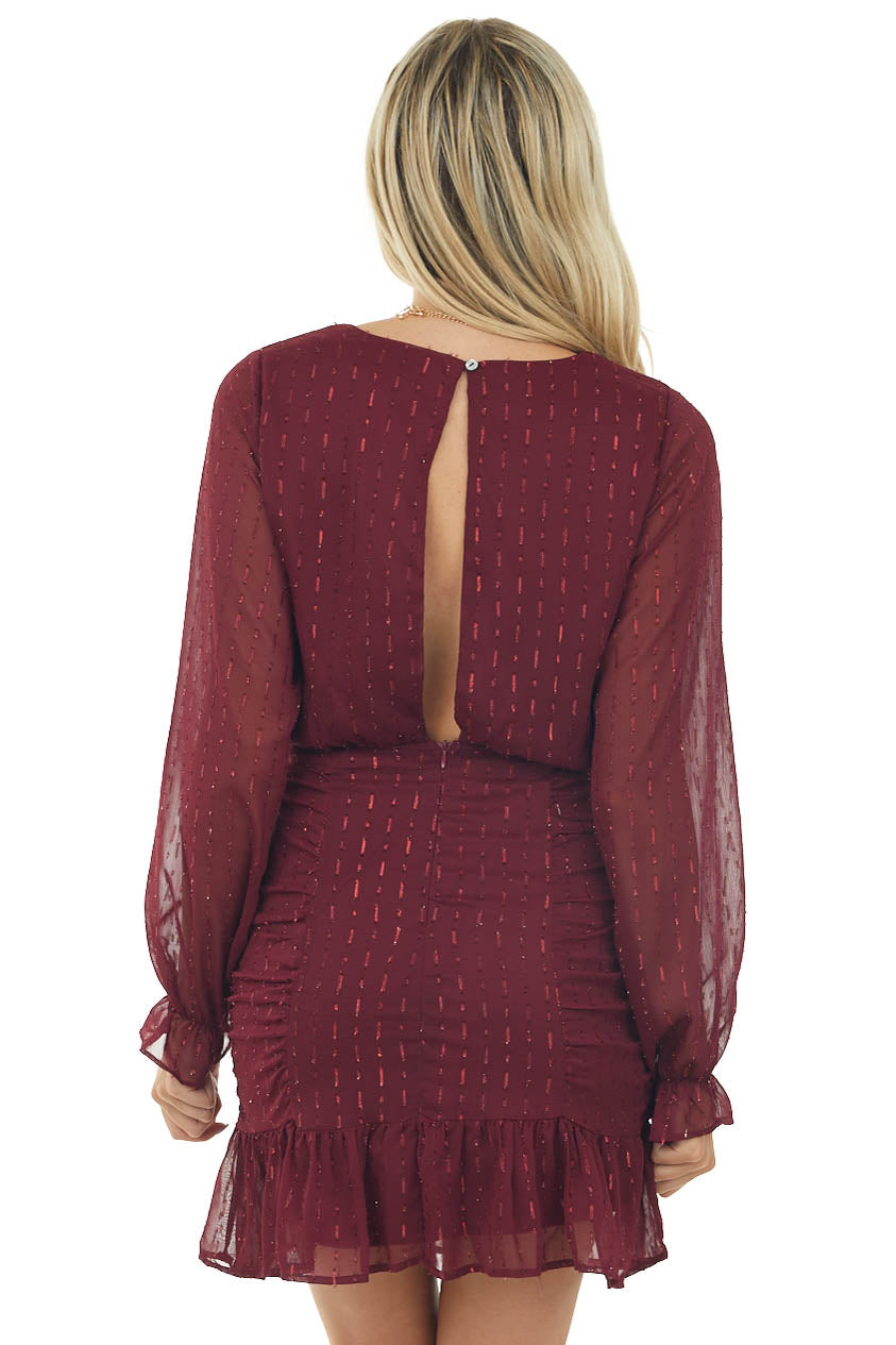 Wine Metallic Threaded Puff Sleeve Mini Dress