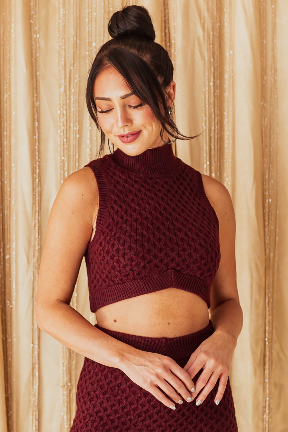 Wine Mock Neck Sleeveless Textured Knit Crop Top