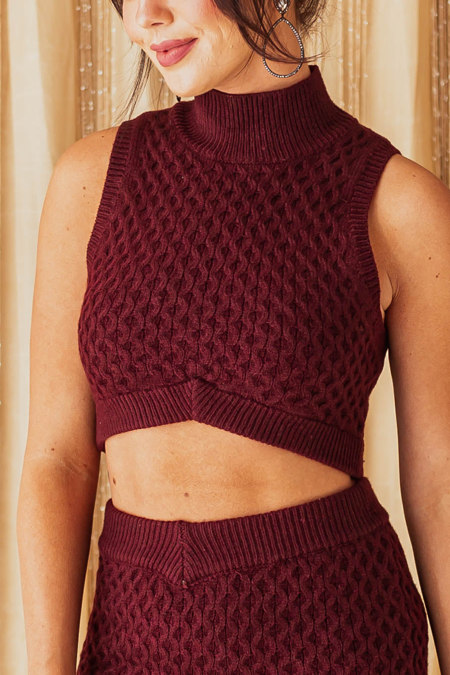 Wine Mock Neck Sleeveless Textured Knit Crop Top