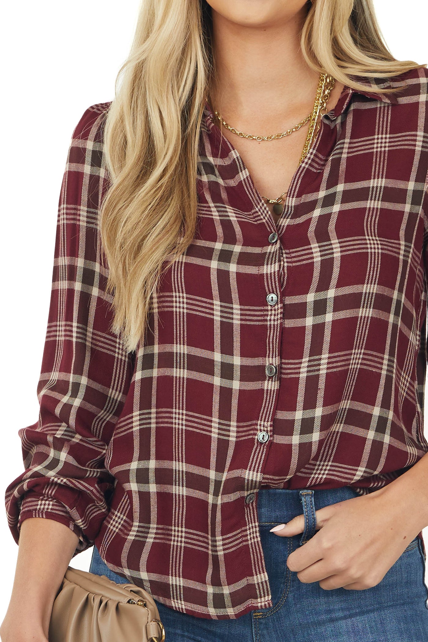 Wine Plaid Button Up Notch Neck Woven Flannel