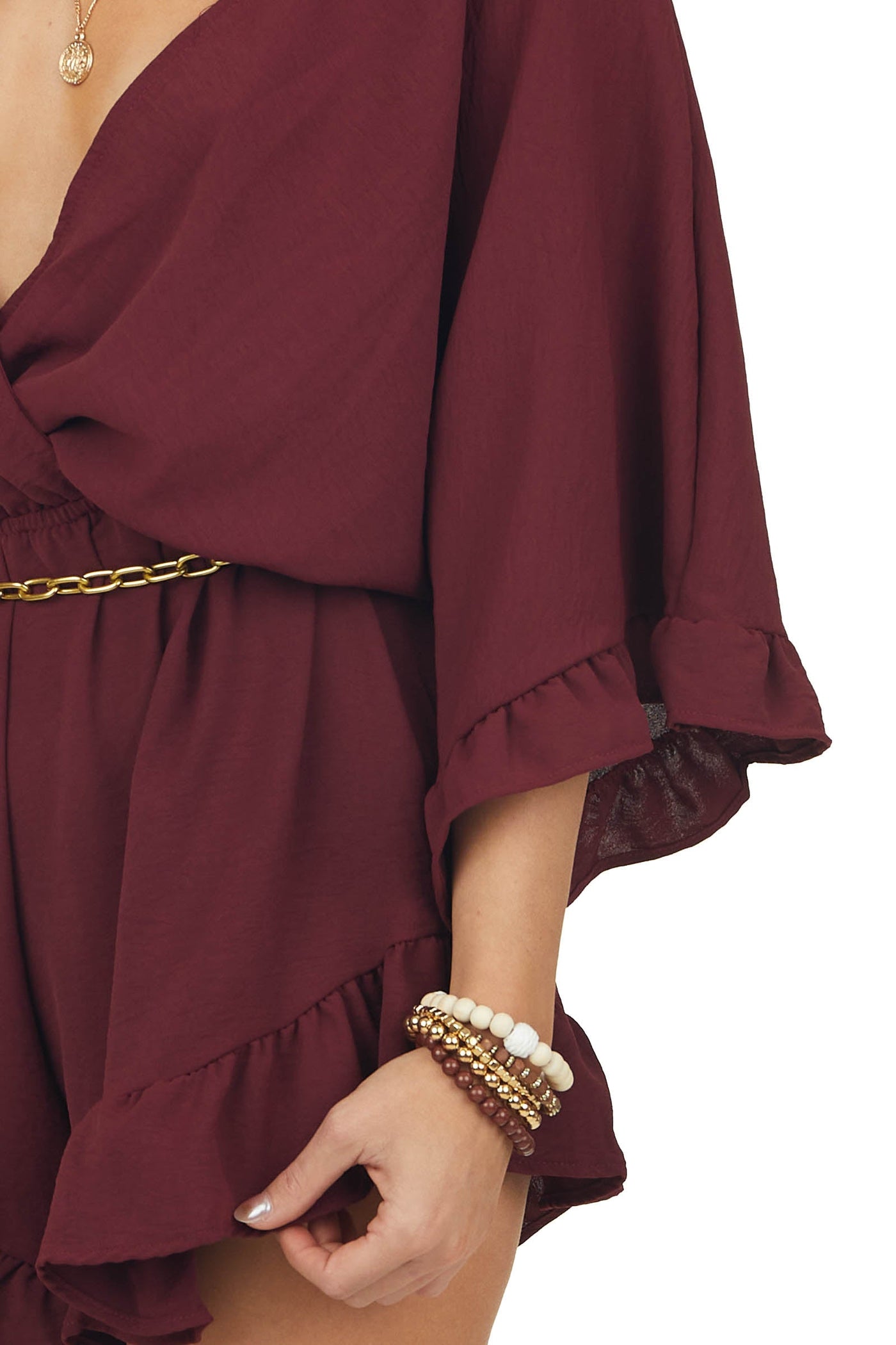 Wine Plunging V Neck Elastic Waist Woven Romper